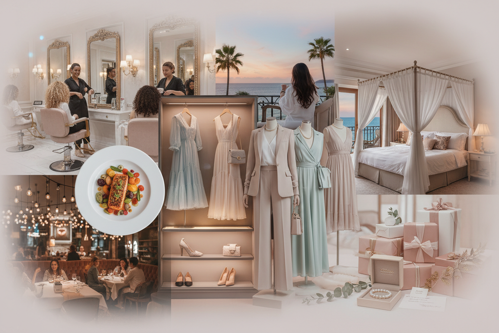 un collage de fotos diversas de salones de belleza , restaurantes, ropa, escapadas bonitas de hotel, detalles de regalos